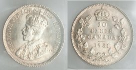 George V 10 Cents 1931 MS65 ICCS, Royal Canadian Mint, KM23a. Fully struck with light golden toning.

HID09801242017