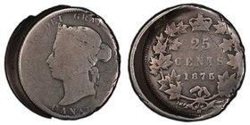 Victoria Mint Error - Struck off Center 25 Cents 1875-H Good Details (Damage) PCGS, London mint, KM5. Struck 15% off Center. 

HID09801242017