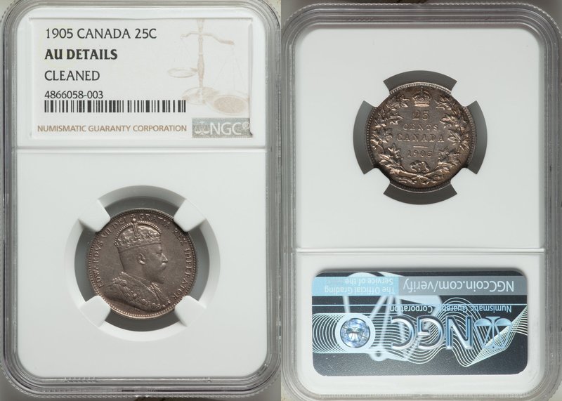 Edward VII 25 Cents 1905 AU Details (Cleaned) NGC, London mint, KM11. Anthracite...