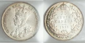 George V 25 Cents 1911 MS63 ICCS, Ottawa mint, KM17. Peripheral olive-gold toning. One year type.

HID09801242017