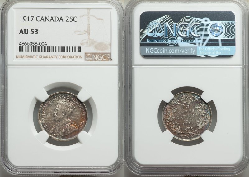George V 25 Cents 1917 AU53 NGC, Ottawa mint, KM24. Desirable toning in prismati...