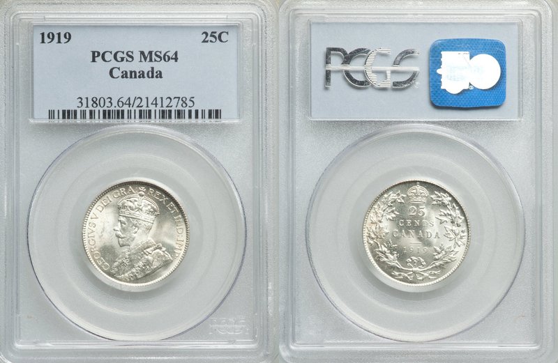 George V 25 Cents 1919 MS64 PCGS, Ottawa mint, KM24. Lustrous and white surfaces...