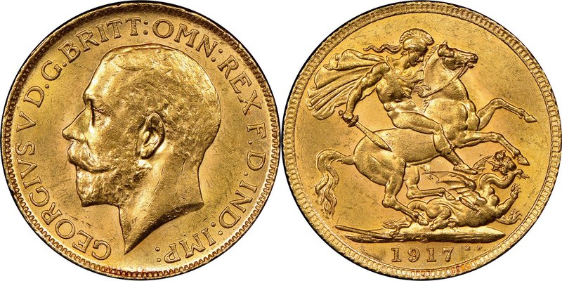 George V gold Sovereign 1917-C UNC Details (Cleaned) NGC, Ottawa mint, KM20. AGW...