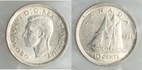 George VI 5-Piece Lot of Certified 10 Cents ICCS, 1) Mint Error - Doubled Date 10 Cents 1938 - AU55 2) 10 Cents 1938 - MS64 3) 10 Cents 1939 - MS63 4)...