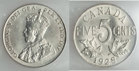3-Piece Lot of Certified 5 Cents, 1) George V 5 Cents 1928 - MS63 ICCS, Ottawa mint, KM29 2) George VI 5 Cents 1943 - MS65 ICCS, Royal Canadian Mint, ...