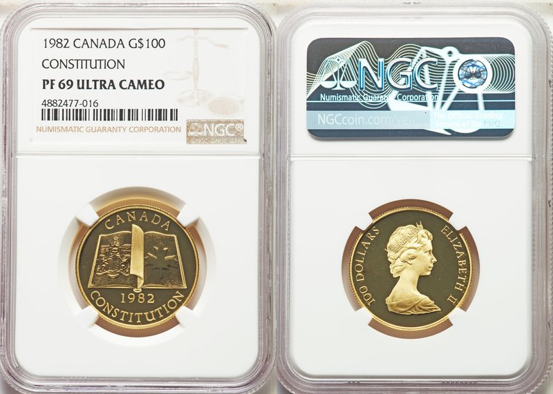 Elizabeth II gold Proof "Constitution" 100 Dollars 1982 PR69 Ultra Cameo NGC, Ro...