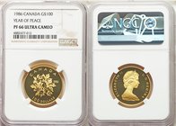 Elizabeth II gold Proof "Peace" 100 Dollars 1986 PR66 Ultra Cameo NGC, Royal Canadian Mint, KM152. AGW 0.5002 oz. 

HID09801242017