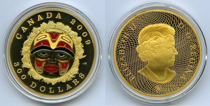 Elizabeth II gold Proof "Summer Moon Mask" 300 Dollars 2009, Royal Canadian Mint...