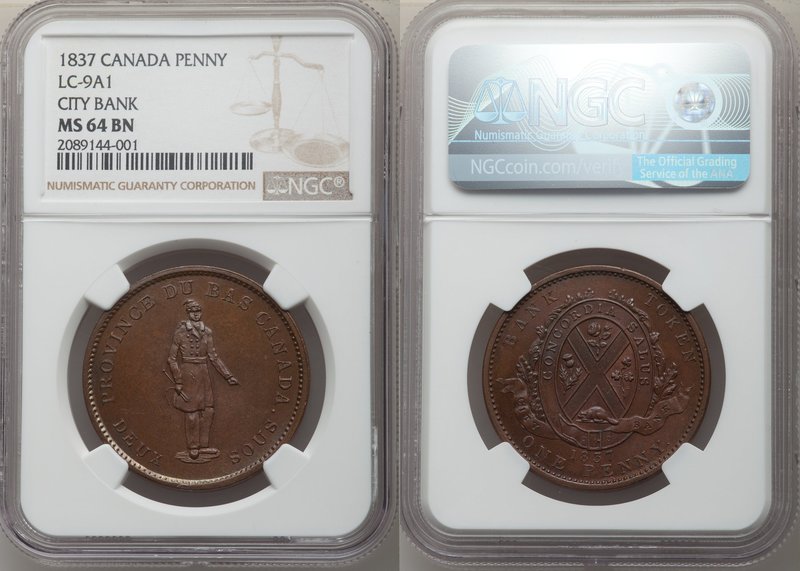 Lower Canada. City Bank Penny (2 Sous) Token 1837 MS64 Brown NGC, KM-Tn13, LC-9A...