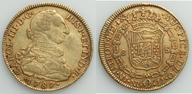 Charles III gold 8 Escudos 1787 NR-JJ XF, Nuevo Reino mint, KM50.1a. 37.4mm. 26.89gm. Good even wear for type with nice orange toning highlighting leg...