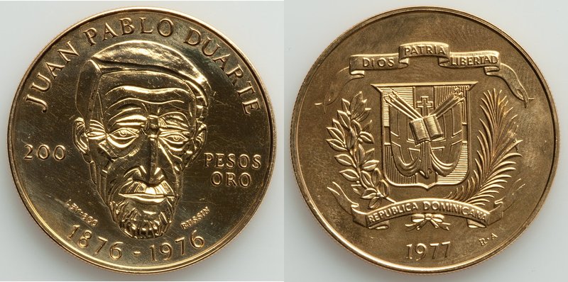 Republic gold 200 Pesos 1976 UNC, KM47. 33.9mm. 30.93gm. Mintage: 1,000. Struck ...