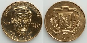 Republic gold 200 Pesos 1976 UNC, KM47. 33.9mm. 30.93gm. Mintage: 1,000. Struck for 100th anniversary of the death of Juan Pablo Duarte. AGW 0.7973 oz...