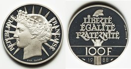 Republic palladium Proof 100 Francs 1988, KM966d. Mintage: 7,000. APdW 0.4919 oz. 

HID09801242017