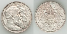 Baden. Friedrich I 5 Mark 1906 AU, Karlsruhe mint, KM277.37.6mm. 27.73gm. Issue to commemorate the 50th anniversary of the archdukes wedding. 

HID098...