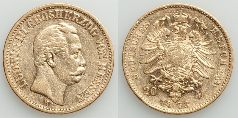 Hesse-Darmstadt. Ludwig III gold 20 Mark 1873-H XF, Darmstadt mint, KM351. 22.4m...