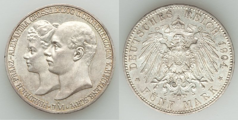 Mecklenburg-Schwerin. Friedrich Franz IV 5 Mark 1904-A UNC, Berlin mint, KM334. ...