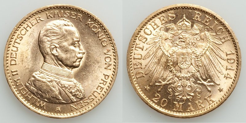 Prussia. Wilhelm II gold 20 Mark 1914-A UNC, Berlin mint, KM537. 22.3mm. 7.96gm....