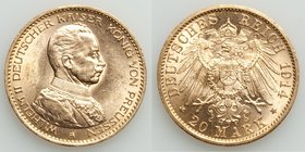 Prussia. Wilhelm II gold 20 Mark 1914-A UNC, Berlin mint, KM537. 22.3mm. 7.96gm. Lustrous and choice. 

HID09801242017