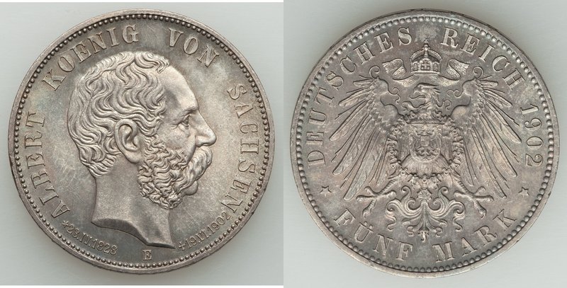 Saxony. Georg "Death of Albert" 5 Mark 1902-E UNC, Muldenhutten mint, KM1256. 37...