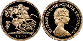 Elizabeth II gold Proof 1/2 Sovereign 1982 PR69 Ultra Cameo NGC, KM922. Mintage: 23,000. AGW 0.1176 oz. 

HID09801242017