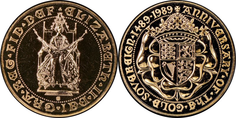 Elizabeth II gold "500th Sovereign Anniversary" 5 Pounds 1989 MS68 Deep Mirrored...