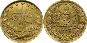 Ottoman Empire. Mehmed V gold 100 Kurush AH 1327 Year 6 (AD 1913/14) MS63 NGC, Constantinople mint (in Turkey), KM754. AGW 0.2127 oz. 

HID09801242017