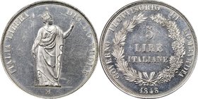 Lombardy - Venetia. Republic 5 Lire 1848-M MS61 NGC, Milan mint, KM-C22.1. "Short stems" variety. From the Allen Moretti Swiss Collection

HID09801242...
