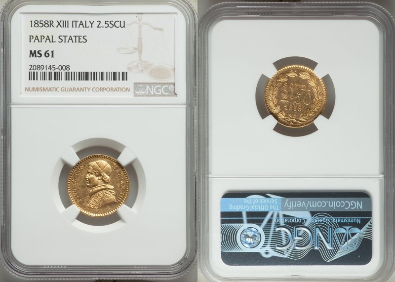Papal States. Pius IX gold 2-1/2 Scudi Anno XIII (1858)-R MS61 NGC, Rome mint, K...