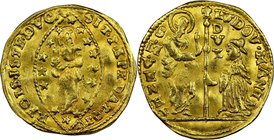 Venice. Ludovico Manin gold Zecchino ND (1789-1797) MS62 NGC, KM755, Fr-1445. 3.42gm. LUDOV MANIN S M VENET / DVX. Doge kneeling left, holding crucifo...