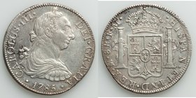 Charles III 8 Reales 1785 Mo-FM AU (cleaned) Mexico City mint, KM106.2a. 38.7mm. 26.89gm. Flashy silver coin, reverse displaying light turquoise and y...