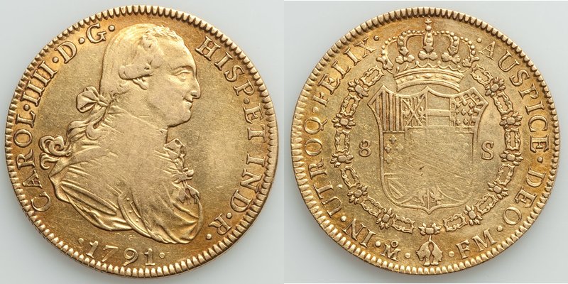 Charles IV gold 8 Escudos 1791 Mo-FM VF, Mexico City mint, KM159. 37mm. 27.01gm....