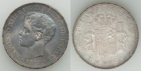 Spanish Colony. Alfonso XIII Peso 1897 SG-V XF, KM154. 37.1mm. 24.94gm. Lustrous reverse with light gray-blue toning, obverse with darker blue toning....