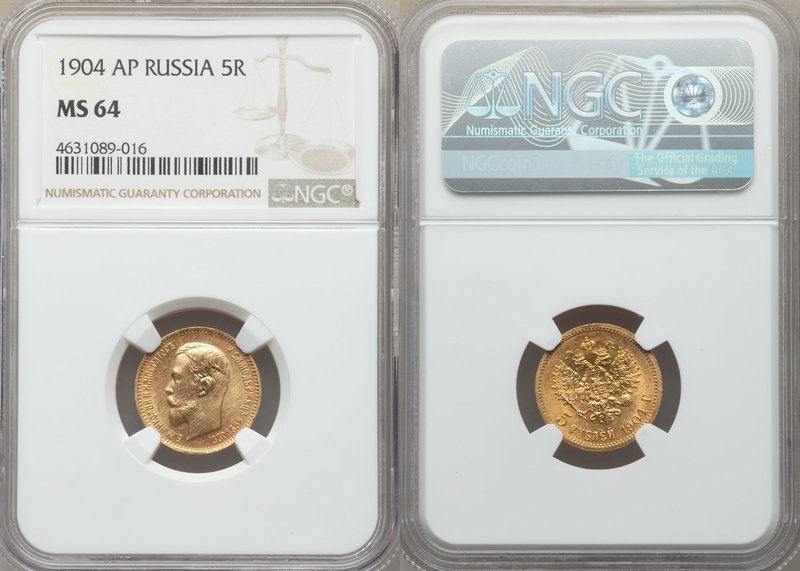 Nicholas II gold 5 Roubles 1904-AP MS64 NGC, St. Petersburg mint, KM-Y62. AGW 0....