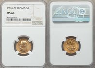 Nicholas II gold 5 Roubles 1904-AP MS64 NGC, St. Petersburg mint, KM-Y62. AGW 0.1245 oz.

HID09801242017