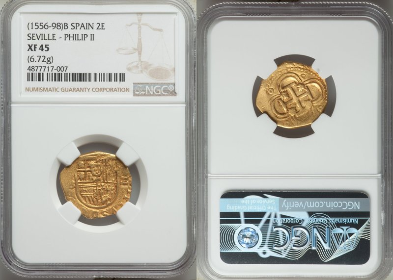 Philip II gold Cob 2 Escudos ND (1556-1598)-B XF45 NGC, Seville mint, Fr-169. 6....