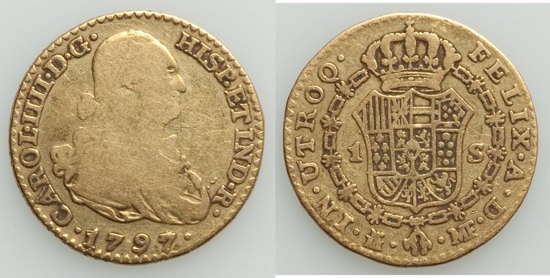 Charles IV gold Escudo 1797 M-MF Fine, Madrid mint, KM434. 17.4mm. 3.26gm. 

HID...