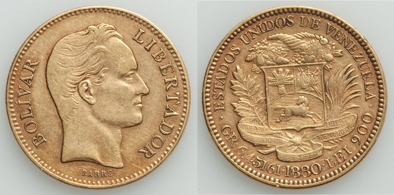 Republic gold 20 Bolivares 1880 VF, Brussels mint, KM-Y32. 21.2mm. 6.43gm. AGW 0...