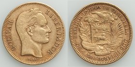 Republic gold 20 Bolivares 1880 VF, Brussels mint, KM-Y32. 21.2mm. 6.43gm. AGW 0.1867 oz.

HID09801242017