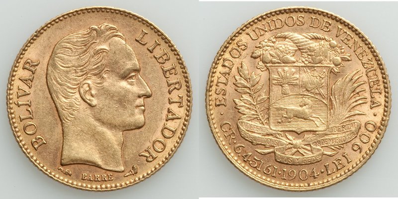 Republic gold 20 Bolivares 1904 XF, KM-Y32. 21.4mm. 6.44gm. AGW 0.1867 oz. 

HID...