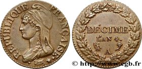 DIRECTOIRE
Type : Décime Dupré, petit module 
Date : An 4 (1795-1796) 
Mint name / Town : Paris 
Quantity minted : 3517156 
Metal : copper 
Diam...