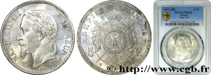 SECOND EMPIRE
Type : 5 francs Napoléon III, tête laurée 
Date : 1869 
Mint na...