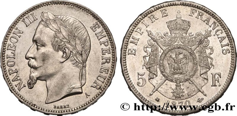 SECOND EMPIRE
Type : 5 francs Napoléon III, tête laurée 
Date : 1870 
Mint na...