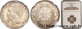 SECOND EMPIRE
Type : 50 centimes Napoléon III, tête nue 
Date : 1860 
Mint name / Town : Paris 
Quantity minted : 2.656.824 
Metal : silver 
Dia...