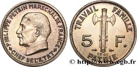 FRENCH STATE
Type : 5 francs Pétain 
Date : 1941 
Quantity minted : 13.782.000 
Metal : copper nickel 
Diameter : 22 mm
Orientation dies : 6 h....