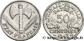 FRENCH STATE
Type : 50 centimes Francisque, lourde 
Date : 1943 
Quantity minted : --- 
Metal : aluminium 
Diameter : 17,92 mm
Orientation dies ...