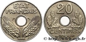 FRENCH STATE
Type : 20 centimes fer 
Date : 1944 
Quantity minted : 695.000 
Metal : iron 
Diameter : 24 mm
Orientation dies : 6 h.
Weight : 3,...