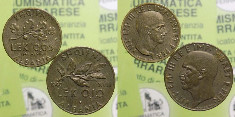 Albania - Lotto di 2 Pezzi; Vittorio Emanuele III (1939-1943) 0,05 Lek - 0,10 Le...