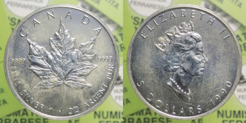 Canada - Elisabetta II - 5 dollari 1990 - "Maple Leaf" - Ag