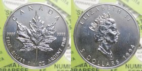 Canada - Elisabetta II - 5 dollari 1994 - "Maple Leaf" - Ag