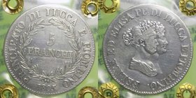 Lucca e Piombino - Felice Paciocchi e Elisa Bonaparte (1805-1814) 5 Franchi 1805 - Firenze - RARA - Periziata BB+ - Ag